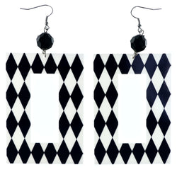 Harlequin Pattern Dangle-Earrings With Bead Accents Black & White Colored #LQE4174
