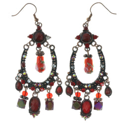 Red & Gold-Tone Colored Metal Dangle-Earrings With Crystal Accents #LQE425