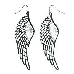 String Art Angel Wings Dangle-Earrings Black & Silver-Tone Colored #LQE4276