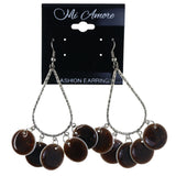 Glitter Sparkle Dangle-Earrings With Bead Accents Silver-Tone & Brown Colored #LQE4343