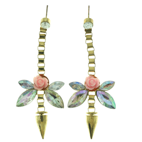Gold-Tone & Pink Colored Metal Dangle-Earrings With Crystal Accents #LQE437