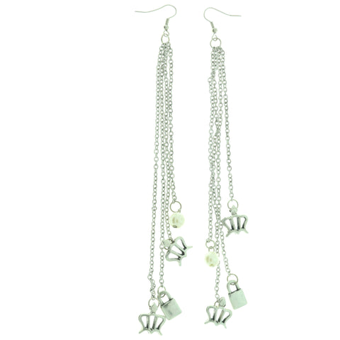 Crown Lock Drop-Dangle-Earrings  With Bead Accents Silver-Tone Color #LQE483