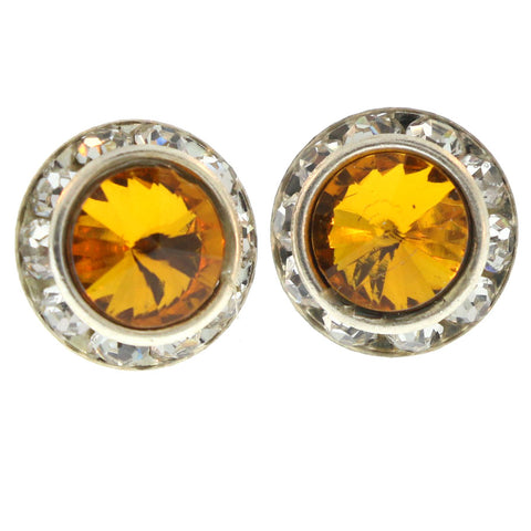 Silver-Tone & Orange Colored Metal Stud-Earrings With Crystal Accents #LQE836