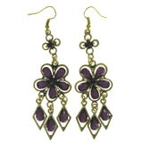 Flower Dangle-Earrings With Stone Accents Gold-Tone & Purple Colored #LQE934