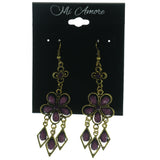 Flower Dangle-Earrings With Stone Accents Gold-Tone & Purple Colored #LQE934