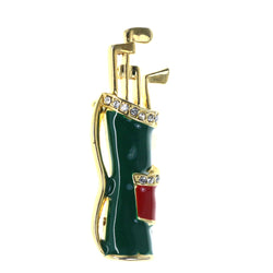 Bag of Golf Clubs Brooch-Pin With Crystal Accents Green & Gold-Tone Colored #LQP1232