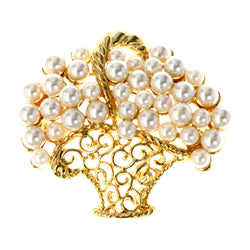 Filigree Basket  Brooch-Pin With Bead Accents White & Gold-Tone Colored #LQP1237