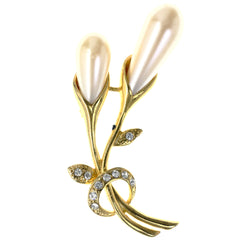 Flower Brooch-Pin With Crystal Accents Gold-Tone & White Colored #LQP1242