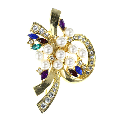 Ribbon Brooch-Pin With Crystal Accents Gold-Tone & Multi Colored #LQP1248
