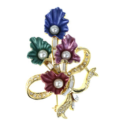 Flower Bouquet Ribbon Brooch-Pin With Crystal Accents Gold-Tone & Multi Colored #LQP1256