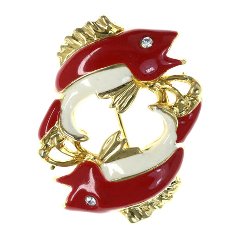 Two Fish Brooch-Pin With Crystal Accents Red & White Colored #LQP1271