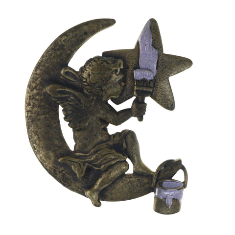 Antiqued  Cherub Painting Moon and Star Brooch-Pin Gold-Tone & Silver-Tone Colored #LQP1285