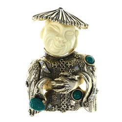 Happy Oriental Man Rubbing Hands Together AB Finish Brooch-Pin With Crystal Accents Gold-Tone & Multi Colored #LQP1288