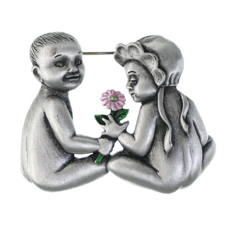 Naked Baby Boy and Girl Sharing a Flower Brooch-Pin Silver-Tone & Pink Colored #LQP1291