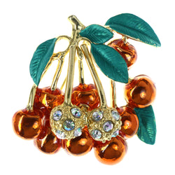 Cherry Leaf AB Finish Brooch-Pin With Crystal Accents Colorful & Gold-Tone Colored #LQP1293