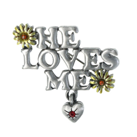 Flower Heart He Loves Me Brooch-Pin With Crystal Accents Silver-Tone & Yellow Colored #LQP1306