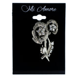 Flower Brooch-Pin With Crystal Accents Silver-Tone & Black Colored #LQP1358
