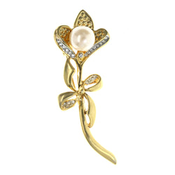 Flower Brooch-Pin With Crystal Accents Gold-Tone & White Colored #LQP1363