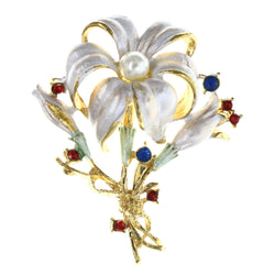 Flower Brooch-Pin With Crystal Accents White & Multi Colored #LQP1371