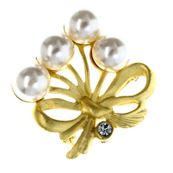Bow Brooch-Pin With Bead Accents Gold-Tone & White Colored #LQP1380