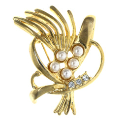 Gold-Tone & White Colored Metal Brooch-Pin With Bead Accents #LQP1400