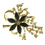 Flower Brooch Pin With Crystal Accents Gold-Tone & Black Colored #LQP140