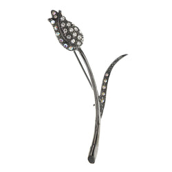 Flower AB Finish Brooch-Pin With Crystal Accents Silver-Tone & Black Colored #LQP1416