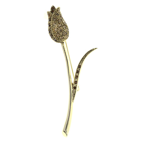 Flower Brooch-Pin With Crystal Accents Gold-Tone & Brown Colored #LQP1417