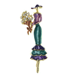 Lady In Dress and Sun Hat Holding a Bouquet Brooch-Pin With Crystal Accents Colorful & Gold-Tone Colored #LQP1421