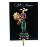 Lady In Dress and Sun Hat Holding a Bouquet Brooch-Pin With Crystal Accents Colorful & Gold-Tone Colored #LQP1421