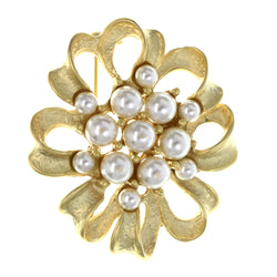 Ribbon Brooch-Pin With Bead Accents Gold-Tone & White Colored #LQP1427