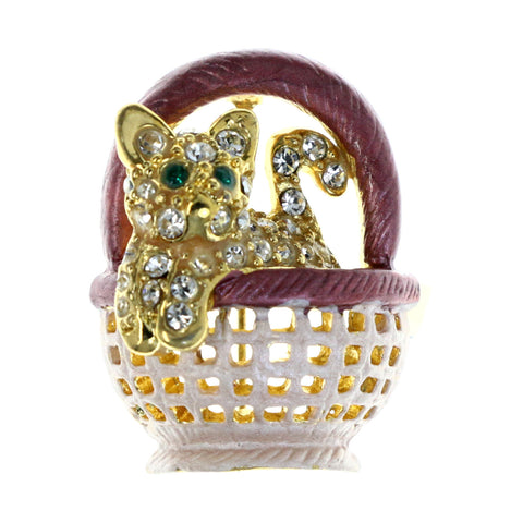 Kitty Cat In a Basket Brooch-Pin With Crystal Accents Pink & Gold-Tone Colored #LQP1450