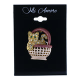 Kitty Cat In a Basket Brooch-Pin With Crystal Accents Pink & Gold-Tone Colored #LQP1450