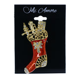 Christmas Stocking Toys Brooch-Pin With Crystal Accents Red & Gold-Tone Colored #LQP1457