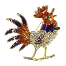 Rooster Brooch-Pin With Crystal Accents Colorful & Gold-Tone Colored #LQP1469
