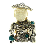 Happy Oriental Man Rubbing Hands AB Finish Brooch-Pin With Crystal Accents Gold-Tone & Multi Colored #LQP1472