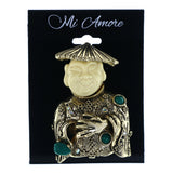 Happy Oriental Man Rubbing Hands AB Finish Brooch-Pin With Crystal Accents Gold-Tone & Multi Colored #LQP1472