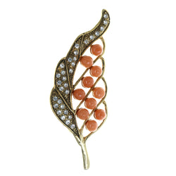 Leaf Brooch-Pin With Crystal Accents Orange & Gold-Tone Colored #LQP1484