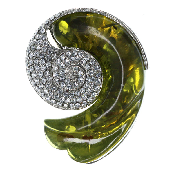 Shell Brooch-Pin With Crystal Accents Green & Silver-Tone Colored #LQP1495