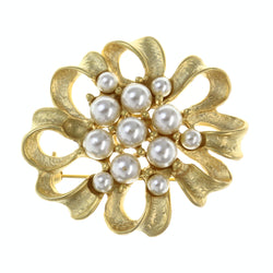 Ribbon Brooch-Pin With Bead Accents Gold-Tone & White Colored #LQP1501