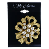 Ribbon Brooch-Pin With Bead Accents Gold-Tone & White Colored #LQP1501