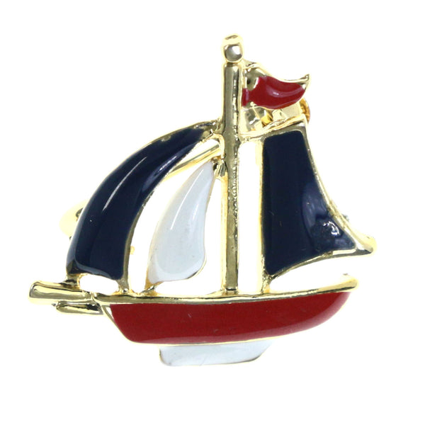 Sailboat Nautical Brooch-Pin Gold-Tone & Red White Blue Colored #LQP1503