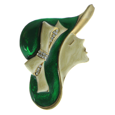 Woman Brooch Pin With Crystal Accents Gold-Tone & Green Colored #LQP153