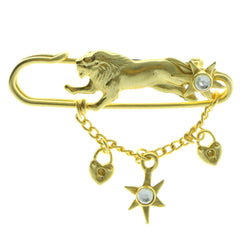 Safety Pin Lion Brooch Pin  With Drop Accents Gold-Tone Color #LQP172