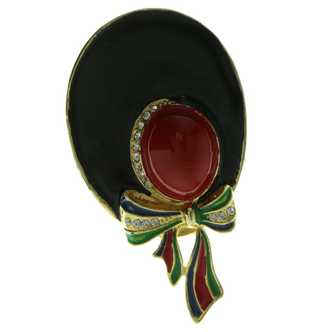 Woman's Hat Brooch Pin With Colorful Accents Gold-Tone & Black Colored #LQP203