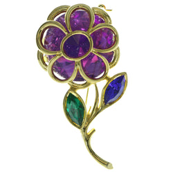 Flower Brooch Pin With Stone Accents Gold-Tone & Purple Colored #LQP204