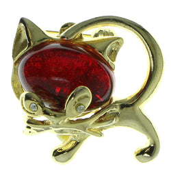 Cat Brooch-Pin With Stone Accents Gold-Tone & Red Colored #LQP211