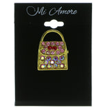 Hand Bag Brooch-Pin With Crystal Accents Gold-Tone & Pink Colored #LQP214