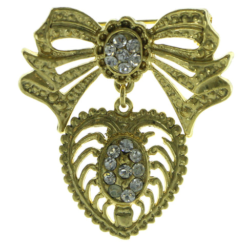 Bow Heart Brooch-Pin  With Crystal Accents Gold-Tone Color #LQP222
