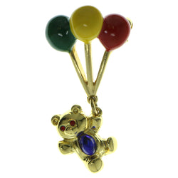 Teddy Bear With Balloons Brooch-Pin With Crystal Accents Gold-Tone & Blue Colored #LQP239